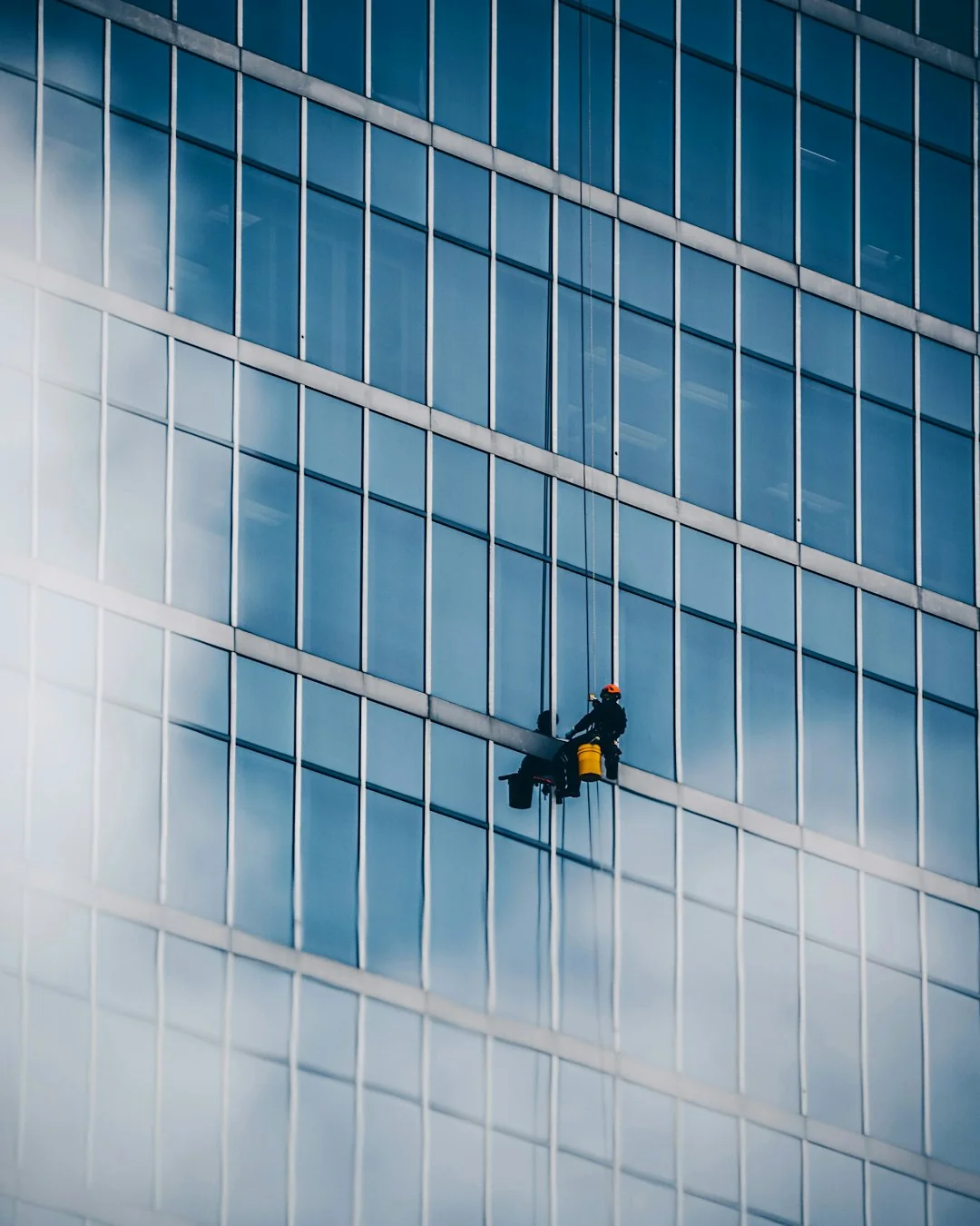 A man wearing a harness cleans the windows of a skyscraper, highlighting urban high-rise work.